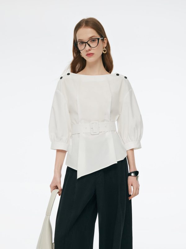 Boat Neck 3/4 Sleeve Women Blouse With Belt - White / XS at GOELIA