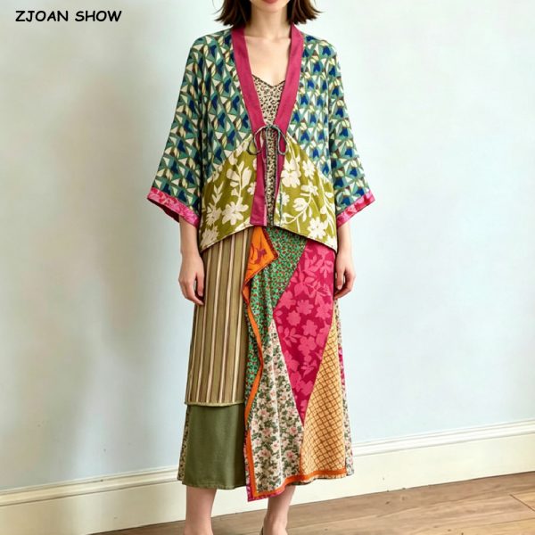 2 pieces 1 Set Autumn Contrast Color Geometric Print Bow Long Bat Sleeve Kimono Cardigan + Tie Bow Waist Asymmetry Skirts Suits at AliExpress
