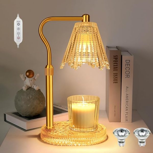 Crystal Candle Warmer Lamp with Timer, Adjustable Height Glass Candle Light, Vintage Electric Wax Melt Warmer with Dimmer, Home Fragrance Décor and House Warming Birthday Gifts for Women Mom at LightingWill