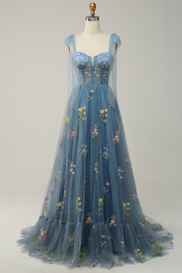 Green A Line Spaghetti Straps Corset Long Prom Dress with Embroidery - Grey Blue / US14 at Zapaka