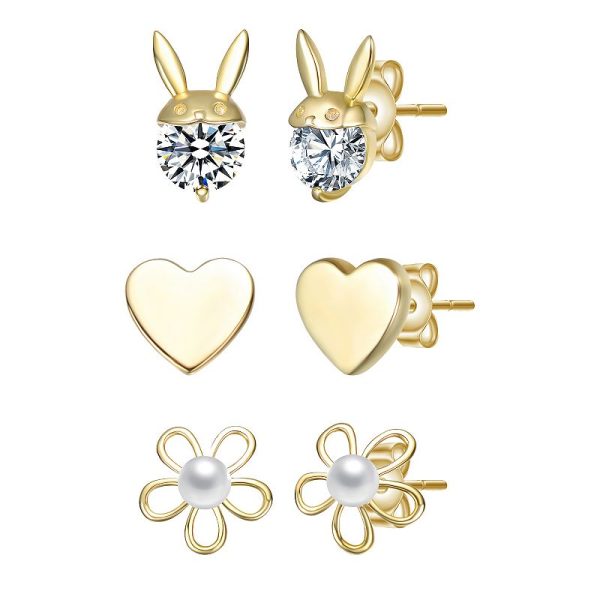 14k Gold over Sterling Silver 3-Pair Cubic Zirconia & Mother-of-Pearl Rabbit, Heart & Flower Stud Earring Set, Women's, Gold Tone at Kohl's