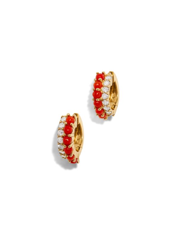 Coral & Diamond Yellow Gold Huggie Hoop Earrings at YLANG23