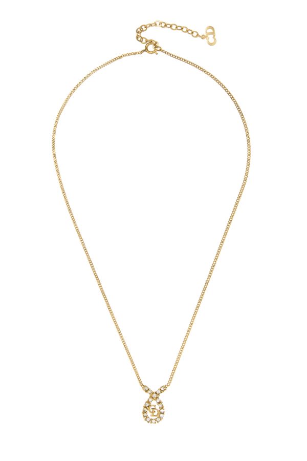Women's Christian Dior Gold Crystal Logo Necklace in Gold at What Goes Around Comes Around