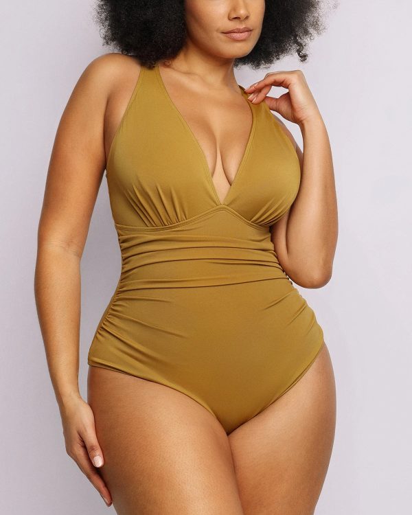 Smart Sculpt™ Plunge Cutout Tummy Control Swimsuit - Earth Yellow / 3X at Shapellx
