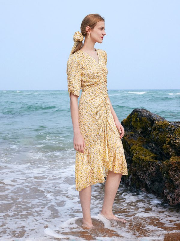 Pleated Fishtail Floral Midi Printed Dress - Yellow / XL at GOELIA