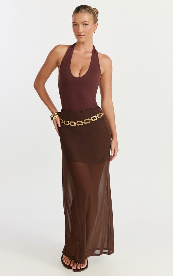 Ella Midi Skirt - Sheer Layered Skirt in Chocolate at Showpo