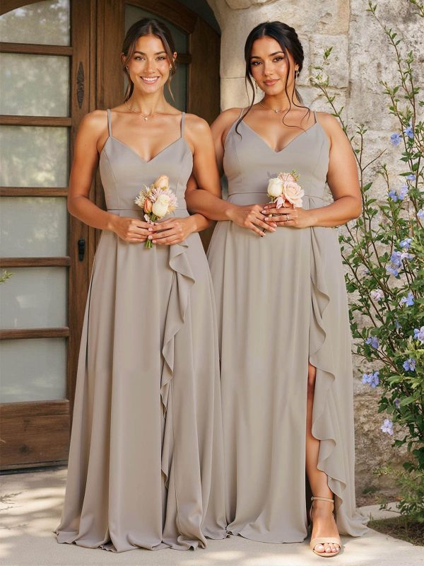 A-Line V-Neck Sleeveless Floor-Length Chiffon Bridesmaid Dresses With Ruffle/Split Front at Missacc