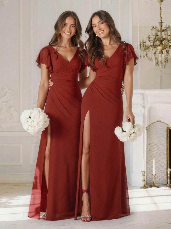Sheath/Column V-Neck Short Sleeves Floor-Length Chiffon Bridesmaid Dresses With High Split/Shoulder Ruffle at Missacc