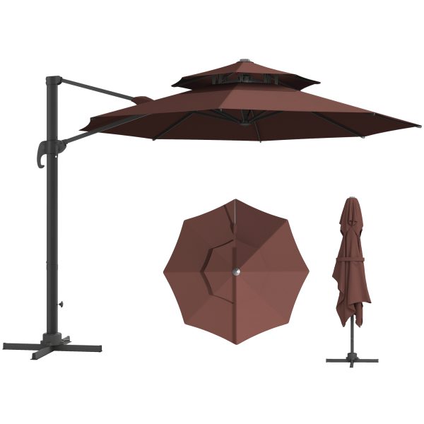 Outsunny 11ft Cantilever Patio Umbrella with Base, Double Top Hanging Aluminum Offset Umbrella with 360 Rotation, Easy Tilt, 8 Ribs, Crank, Cross Bas at Aosom.com