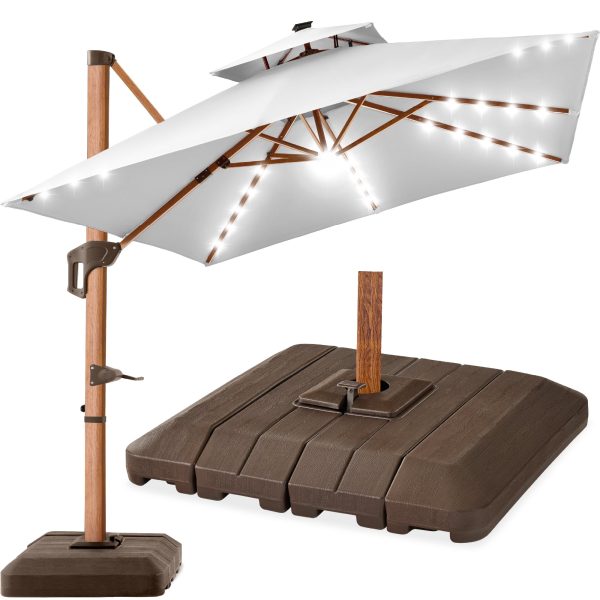Woodgrain Pattern 2-Tier Outdoor Solar LED Cantilever Umbrella - 10x10ft - Fog Gray at Best Choice Products