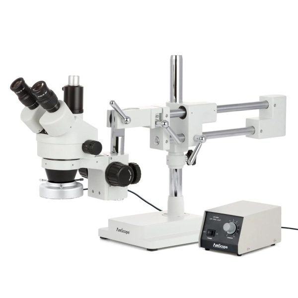 AmScope SM-4 Series Simul-Focal Zoom Trinocular Stereo Microscope with Heavy Duty 80 LED Ring Light and Optional Digital Camera on Double Arm Boom Stand