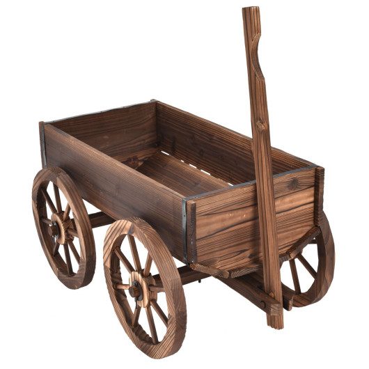 Wood Wagon Planter Pot Stand with Wheels at Costway