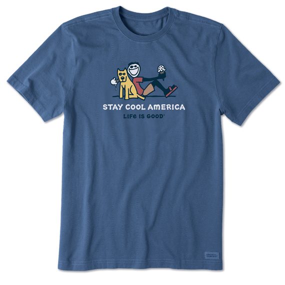 Life is Good Men's Mens Jake and Rocket Stay Cool America Crusher Short Sleeve T-Shirt in Vintage Blue Size Medium | 100% Cotton