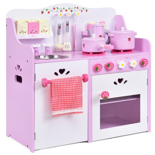 Kids Wooden Kitchen Toy Strawberry Pretend Cooking Playset at Costway