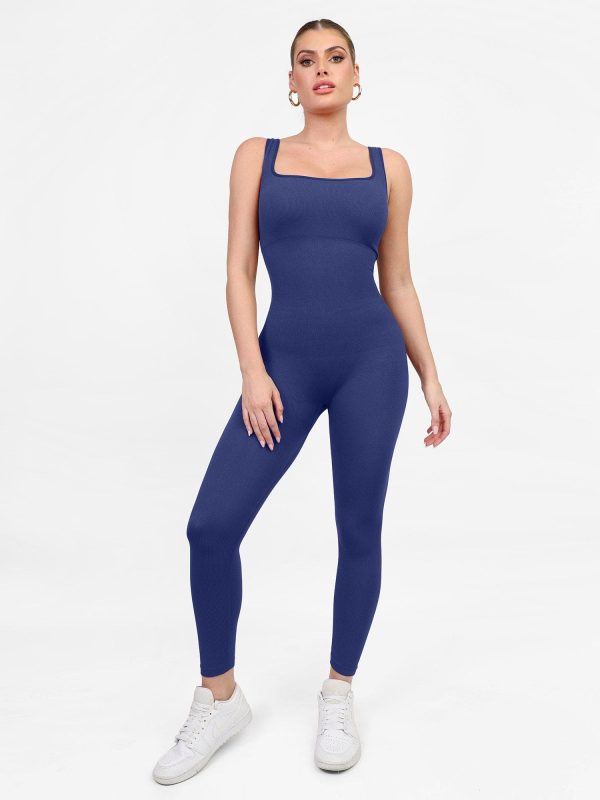 Shapewear Square Neck Tank Workout Seamless Jumpsuit - Royal blue / S at Popilush