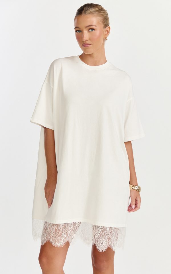 Rina Mini Dress - Mini Lace Trim Dress in Off White at Showpo