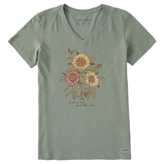 Life is Good Women's Fall is my Favorite Sunflowers Crusher Vee Short Sleeve T-Shirt in Moss Green Size Small | 100% Cotton