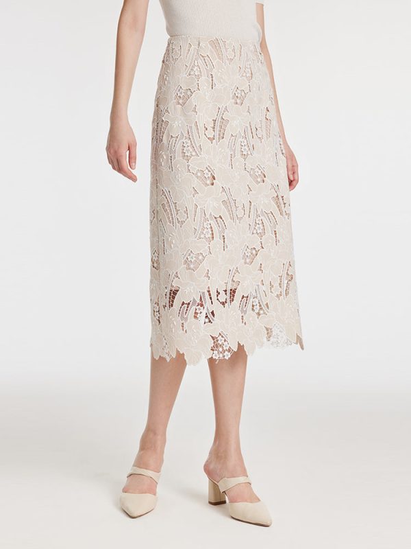 Lace Floral-Shaped Openwork Slit Women Half Skirt - Pink White Multicolor / XXS at GOELIA