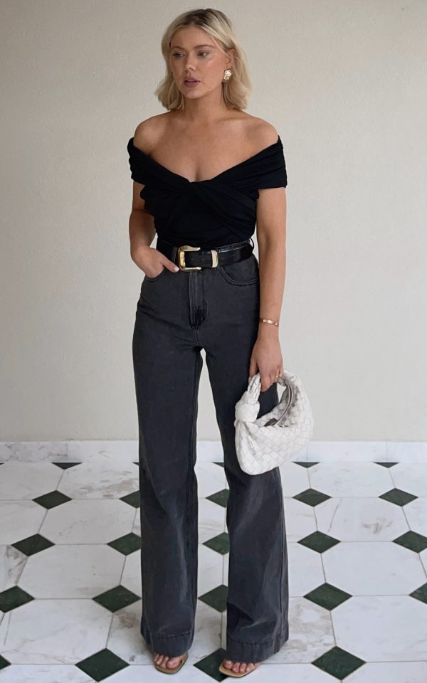 Emman Jeans - High Waisted Cotton Wide Leg Denim Jeans in Washed Black at Showpo