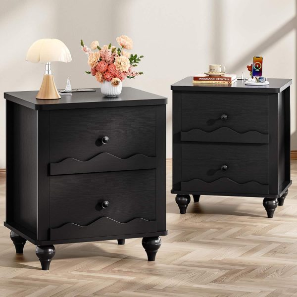 Aheaplus - Nightstand with 2 Drawers, Farmhouse Nightstand with Charging Station, 2 Piece Set - Black at Best Buy