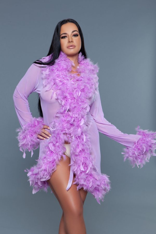 Luxe Short Chiffon Robe with Feather Boa Trim at Shop Simon