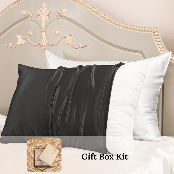 23mm 6A+ 100% Mulberry Silk Pillowcase 2 Pack Mixed Colors-New Year Gift Kit - Queen / White+Black at Promeed