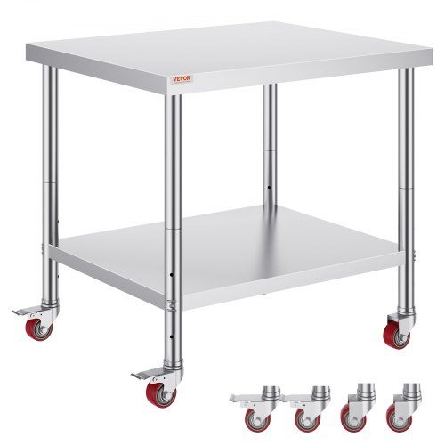 VEVOR Stainless Steel Work Table 36 x 30 x 34 Inch, 700 LBS Load Capacity with 4 Wheels, 3 Adjustable Height Levels, Heavy Duty Food Prep Worktable fo