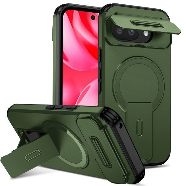 Dteck - Magnetic Case for Google Pixel 9a with Flip Camera Lens Cover,Qi Wireless Charging,Rugged Hidden Stand Shockproof Shell - Green at Best Buy