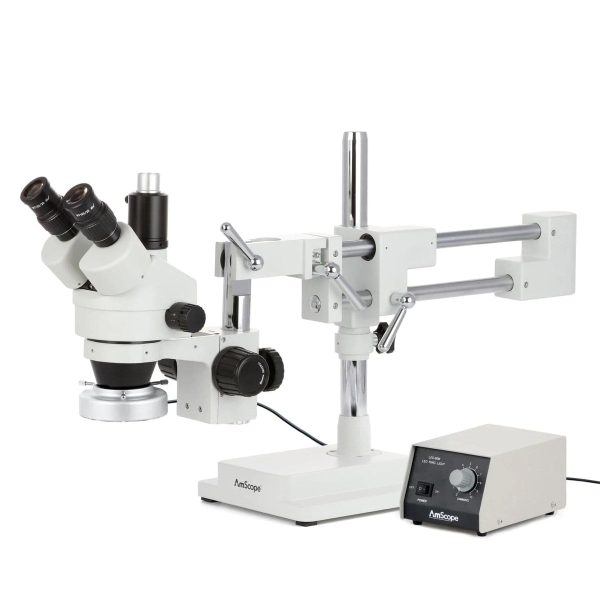 AmScope SM-4 Series Simul-Focal Zoom Trinocular Stereo Microscope with Heavy Duty 80 LED Ring Light and HDMI Camera on Double Arm Boom Stand