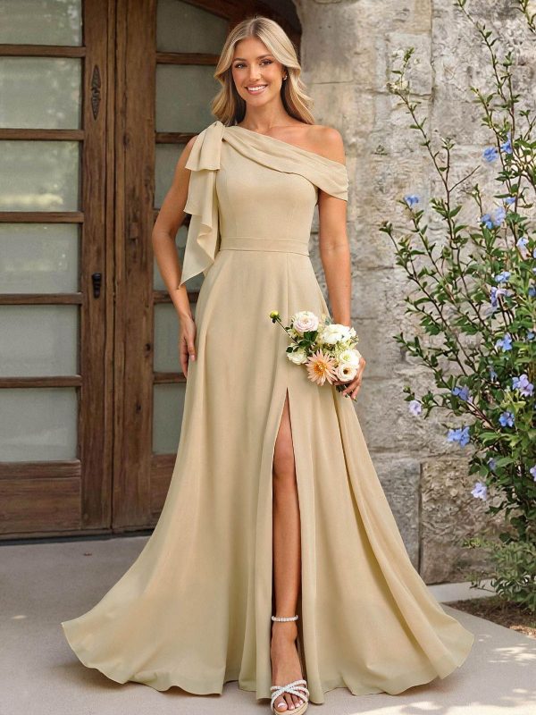 A-Line Asymmetrical Floor-Length Chiffon Bridesmaid Dresses With Split Front/Bow(s) at Missacc