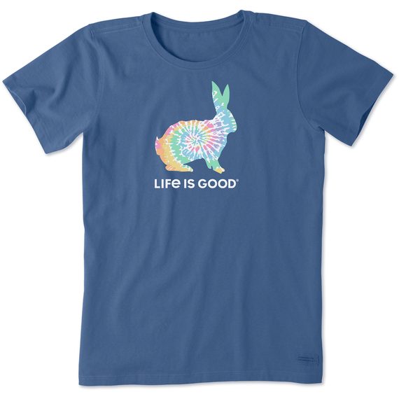 Life is Good Women's Tie Dye Bunny Crusher Short Sleeve T-Shirt in Vintage Blue Size XS | 100% Cotton