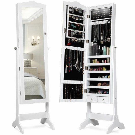 14 LED Jewelry Armoire Cabinet with Full Length Mirror and 4 Tilting Angles-White at Costway