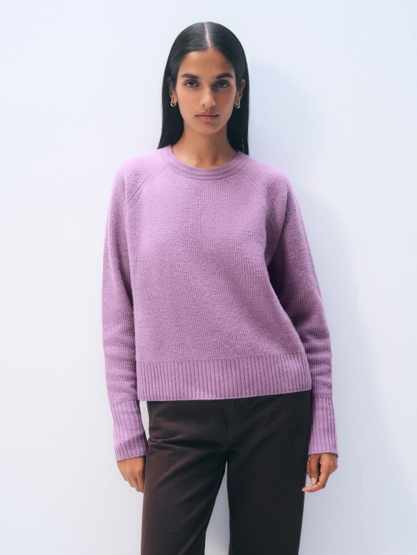 White & Warren Cashmere Waffle Sweatshirt in Soft Plum size Small at White and Warren