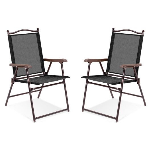 Set of 2 Patio Folding Sling Back Camping Deck Chairs-Black at Costway