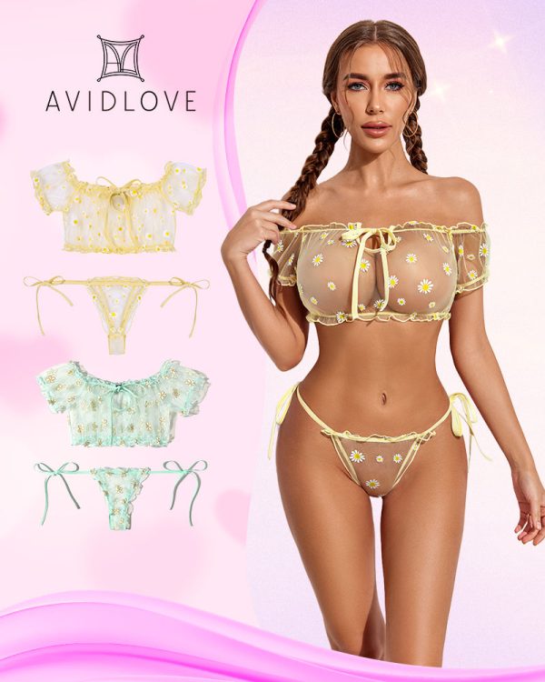 2 Packs Mesh Ruffle Bra and Panty Set - Yellow+Green / L at AVIDLOVE