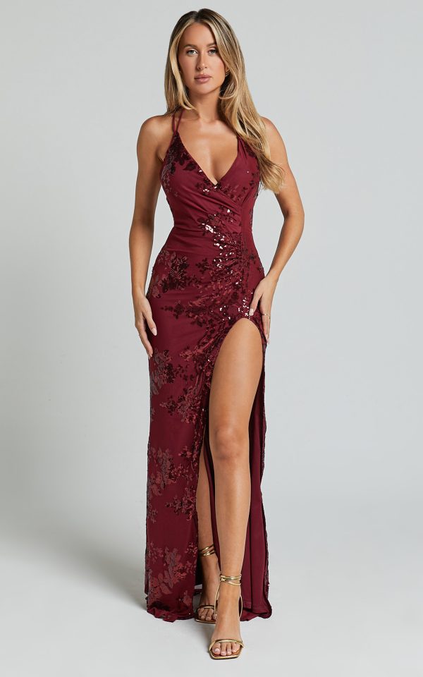 Out Till Dawn Maxi Dress - Thigh Split Dress in Wine Sequin at Showpo