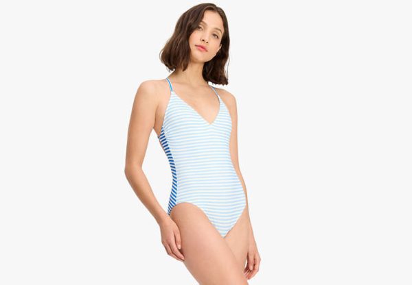Kate Spade Ringmaster Stripe V-Neck One-Piece, Spring Water - Medium at Kate Spade Outlet