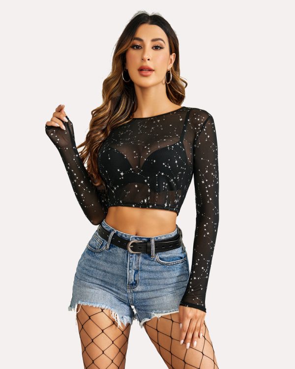 Floral Mesh Sheer Crop Top - Stars / XXL at AVIDLOVE
