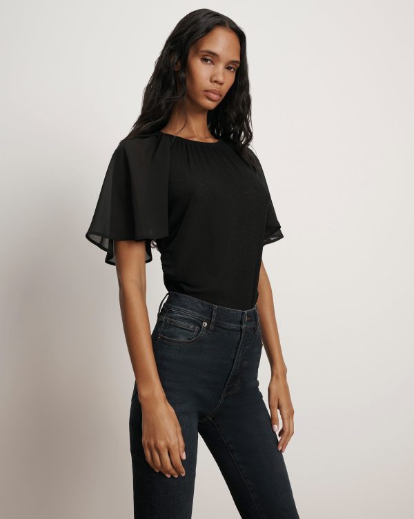 Veronica Beard Arisa Chiffon-Sleeve T-Shirt Black