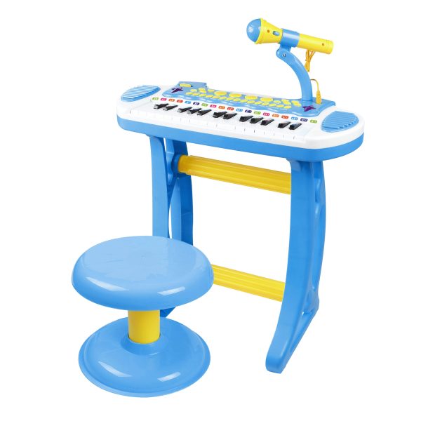 Qaba 31-Key Kids Toy Keyboard Piano, Electronic Musical Instrument with Multiple Sounds, Stool, Microphone and Bright Flashing Lights, Blue at Aosom.com