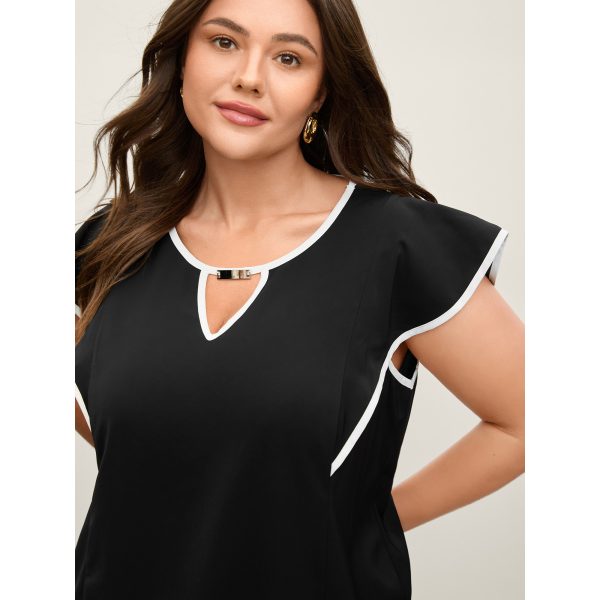 BloomChic Women's Plus Size Ruffled Bodice Color Contrast Blouse Black Office Cap Sleeve 12/L