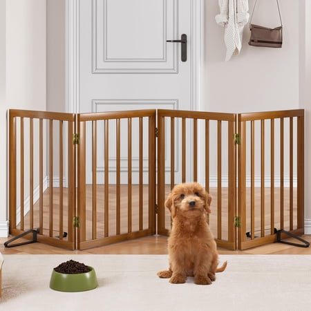 Smart FENDEE Bamboo Dog Gate Freestanding Pet Gate with 2 Support Feet for Doorways Walnut 24 H 4 Panel at Walmart.com