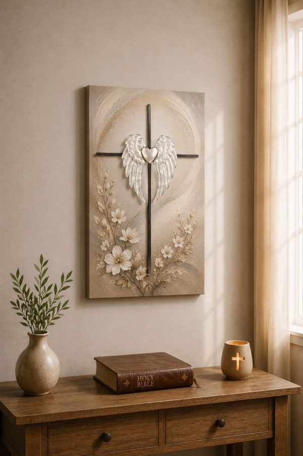 FC Design - Large Angel Wings Cross Canvas Print 24x36"-Ready-to-Hang Peaceful Memorial Christian Art Painting Home Wall Décor - MultiColor at Best Buy