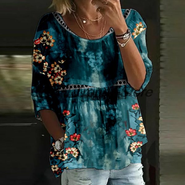 Women's Watercolor Floral Print 3/4 Sleeve Blouse Loose Fit Crew Neck Tunic Tops Lady's Daily Top Shirts at AliExpress