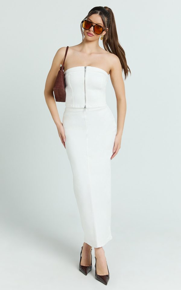 Sahara Maxi Skirt - Mid Waist Denim Maxi Skirt in Ecru at Showpo