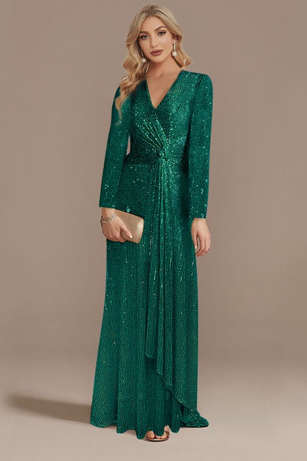 Sparkly Navy A-Line V-Neck Mother Of Bride Dress with Long Sleeves - Dark Green / custom at Zapaka