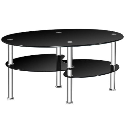 Tempered Glass Oval Side Coffee Table-Black at Costway