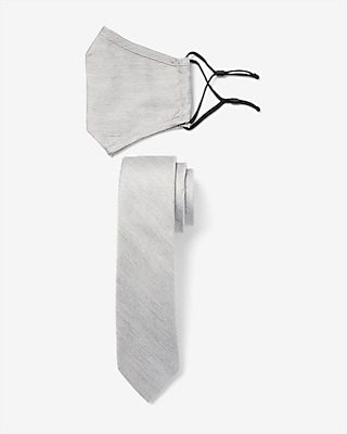 Express Men's Textured Light Gray Face Mask & Tie Gift Set in Light Gray Marl