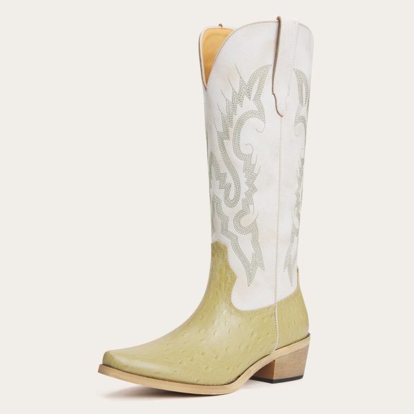 The Phoenix - Ivory & Sage Two-Tone Embroidered Snip Toe Cowgirl Boots with Side Zipper - US 9.5 at REDTOP