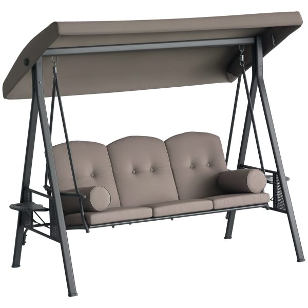 Outsunny 3-Seat Patio Swing Chair, Outdoor Porch Swing Glider with Adjustable Canopy, Removable Cushion, Pillows and Side Trays, for Garden, Poolside, at Aosom.com